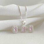 Conjunto Quadrado Zircônia Rosa Claro Prata 925