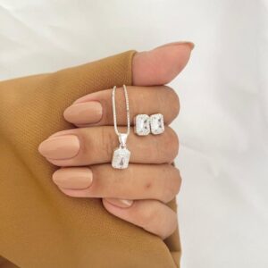 Conjunto Quadrado Zircônia Branca Prata 925