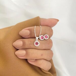 Conjunto Redondo Zircônia Rosa Prata 925