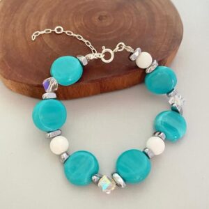 Pulseira Azul e Ágata Branca com Cristais Prata 925